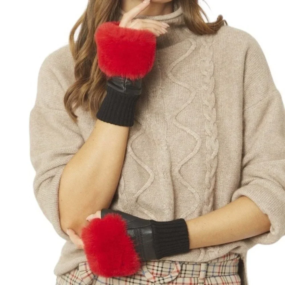 Jayley Faux Fur Fingerless Gloves Black Red One Size NWT
